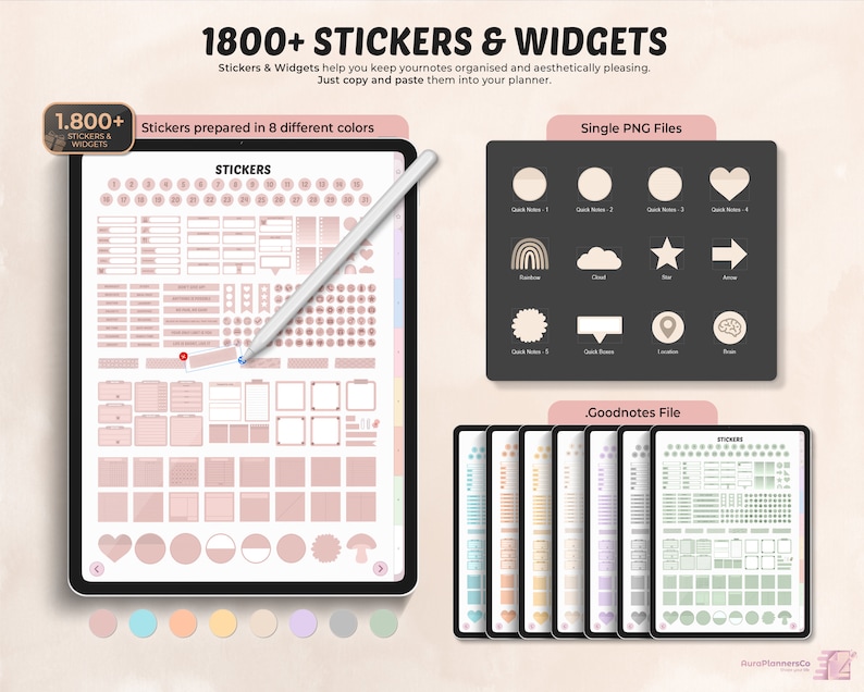 May include: Digital planner stickers and widgets displayed on a tablet with a stylus. The image shows a variety of stickers in different shapes and colors, including hearts, circles, and squares. The text reads "1800+ Stickers & Widgets" and "Stickers prepared in 8 different colors."