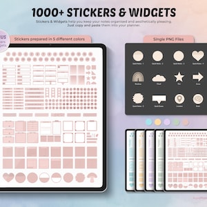 May include: Digital planner stickers and widgets displayed on a tablet. The image shows a variety of stickers in different shapes and colors, including hearts, circles, and rectangles. The text reads "1000+ Stickers & Widgets".