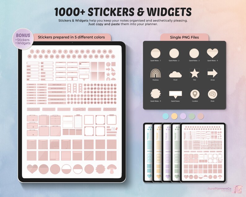 May include: Digital planner stickers and widgets displayed on a tablet. The image shows a variety of stickers in different shapes and colors, including hearts, circles, and rectangles. The text reads "1000+ Stickers & Widgets".