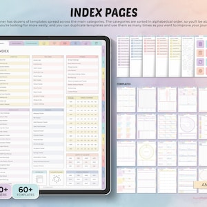 May include: Digital planner with index pages and templates. The planner includes over 650 planners and 60+ templates. The index pages are organized alphabetically. The planner is displayed on a tablet with a colorful design.