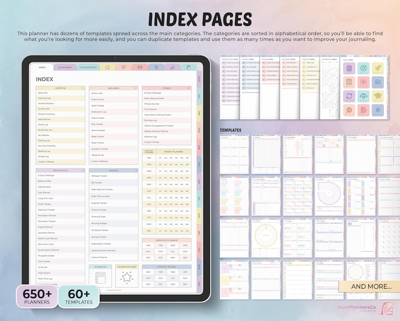 May include: Digital planner with index pages and templates. The planner includes over 650 planners and 60+ templates. The index pages are organized alphabetically. The planner is displayed on a tablet with a colorful design.