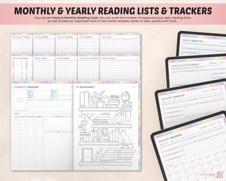 May include: A printable digital planner for tracking reading goals, books read, and new releases. The planner features a colorful design with pastel colors and a bookshelf illustration.