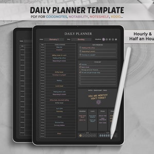 Daily Planner Goodnotes Template, Dark Mode Daily Planner Page, Digital Planner, Undated Daily Planner, Goodnotes, Notability