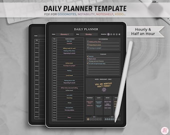 May include: A black and white daily planner template for Goodnotes, Notability, Noteshelf, and Xodo. The template features a daily schedule, a to-do list, and a section for notes, brain dump, and ideas. The text "You are worthy! Don't forget" is displayed in a pink box.