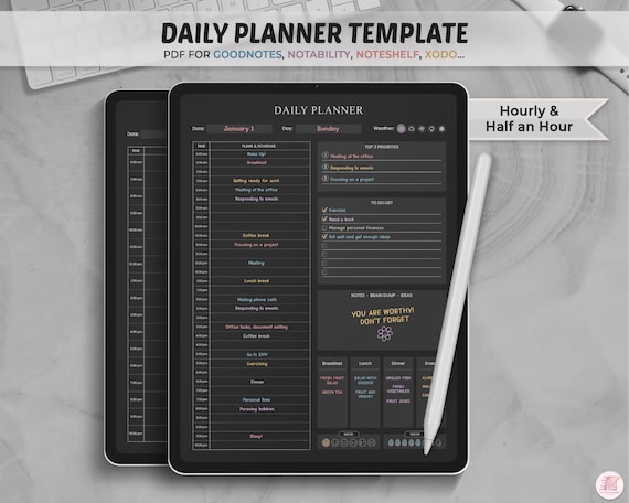 Dark Mode Daily Planner Template: Goodnotes, Notability (PDF)