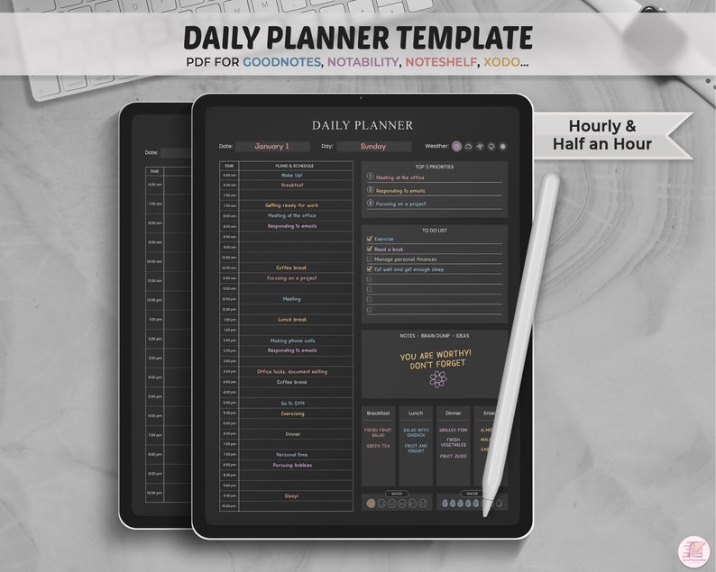 May include: A black and white daily planner template for Goodnotes, Notability, Noteshelf, and Xodo. The template features a daily schedule, a to-do list, and a section for notes, brain dump, and ideas. The text "You are worthy! Don't forget" is displayed in a pink box.