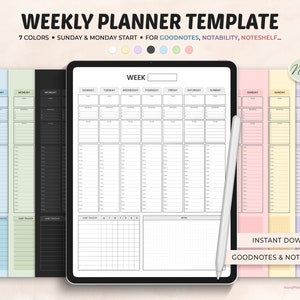Pode incluir: Um modelo de planejador semanal para os aplicativos Goodnotes, Notability e Noteshelf. O modelo apresenta um layout semanal com sete colunas para cada dia da semana, um rastreador de hábitos e uma seção de notas. O modelo está disponível em sete cores diferentes, incluindo preto, verde, azul, rosa, amarelo, roxo e neutro.