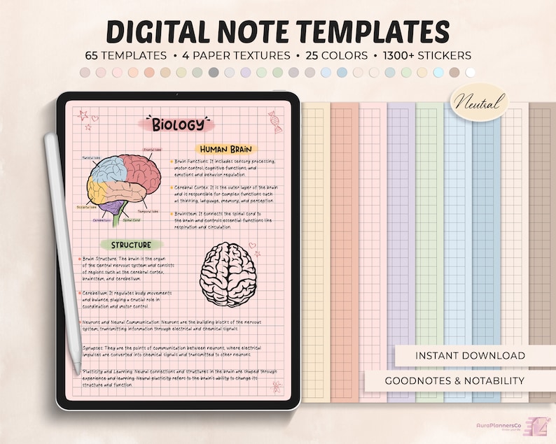 May include: Digital note templates for Goodnotes and Notability apps.  65 templates, 4 paper textures, 25 colors, and 1300+ stickers.  The image shows a pink template with a diagram of the human brain and the text "Biology" and "Human Brain".