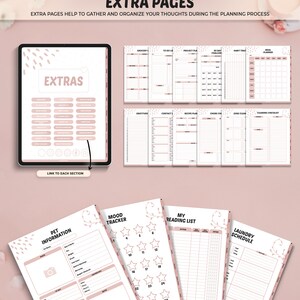 May include: A digital planner with extra pages for planning, featuring a pink and white design. Includes sections for grocery lists, habit trackers, and mood trackers. The planner also has pages for pet information and a reading list. The text "EXTRA PAGES" is visible.