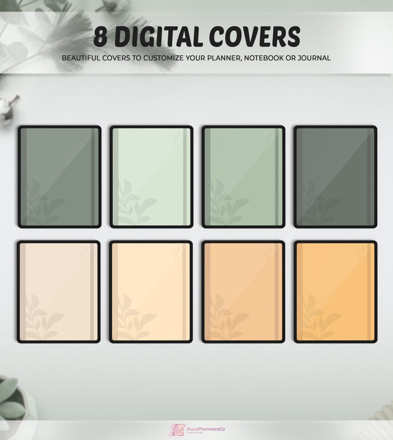 May include: Eight digital covers in various shades of green, beige, and orange. Each cover has a black border and a subtle leaf design in the corner. The text at the top reads "8 DIGITAL COVERS" and "BEAUTIFUL COVERS TO CUSTOMIZE YOUR PLANNER, NOTEBOOK OR JOURNAL."