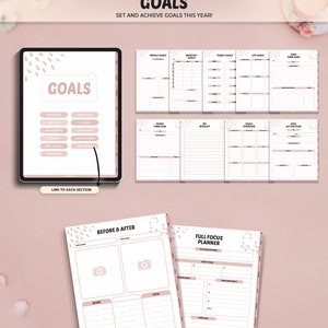 May include: Digital planner in pink and white. The planner includes sections for weekly, monthly, and yearly goals, plus a before & after section. Text on the planner reads "GOALS" and "SET AND ACHIEVE GOALS THIS YEAR!" with a link to each section.