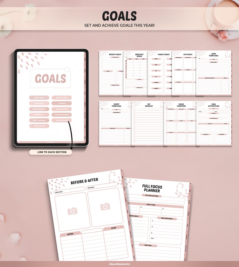 May include: Digital planner in pink and white. The planner includes sections for weekly, monthly, and yearly goals, plus a before & after section. Text on the planner reads "GOALS" and "SET AND ACHIEVE GOALS THIS YEAR!" with a link to each section.