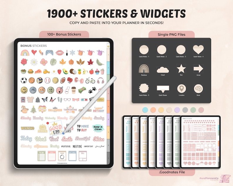 May include: A digital planner with over 1900 stickers and widgets for use in the Goodnotes app. The stickers are organized into categories such as "Bonus Stickers", "Weekend", "Today", "Work", and "Cool Smile". The widgets are in a separate section labeled "Goodnotes File".