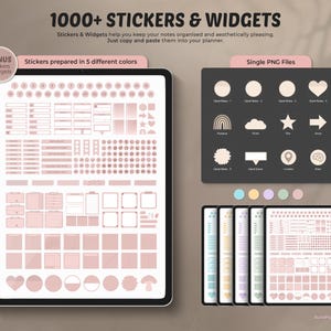 May include: A digital planner with over 1000 stickers and widgets, in shades of pink, displayed on a tablet. The text reads "1000+ STICKERS & WIDGETS." Additional PNG files and colour options are also shown, with the text "Stickers prepared in 5 different colours."