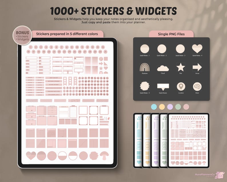 May include: A digital planner with over 1000 stickers and widgets, in shades of pink, displayed on a tablet. The text reads "1000+ STICKERS & WIDGETS." Additional PNG files and colour options are also shown, with the text "Stickers prepared in 5 different colours."