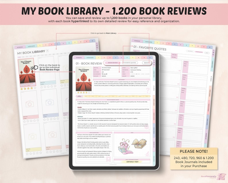 May include: A pink and white printable book journal with a cover image of a book and a worm wearing glasses. The journal is designed to help you track and review up to 1,200 books. The text "MY BOOK LIBRARY - 1,200 BOOK REVIEWS" is at the top of the page. The text "PLEASE NOTE! 240, 480, 720, 960 & 1,200 Book Journals included in your Purchase" is at the bottom of the page.