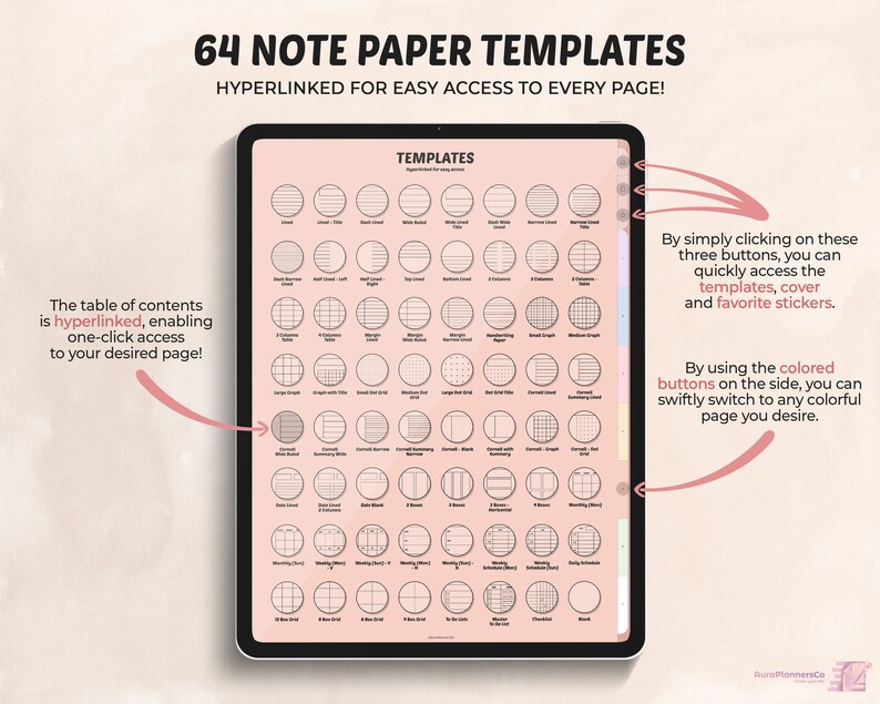 Cahier d'étudiants numérique portrait avec onglets, papier à lettres, papier numérique, ligné, quadrillé, pointillé, vierge, modèle numérique, modèle de prise de notes image 2