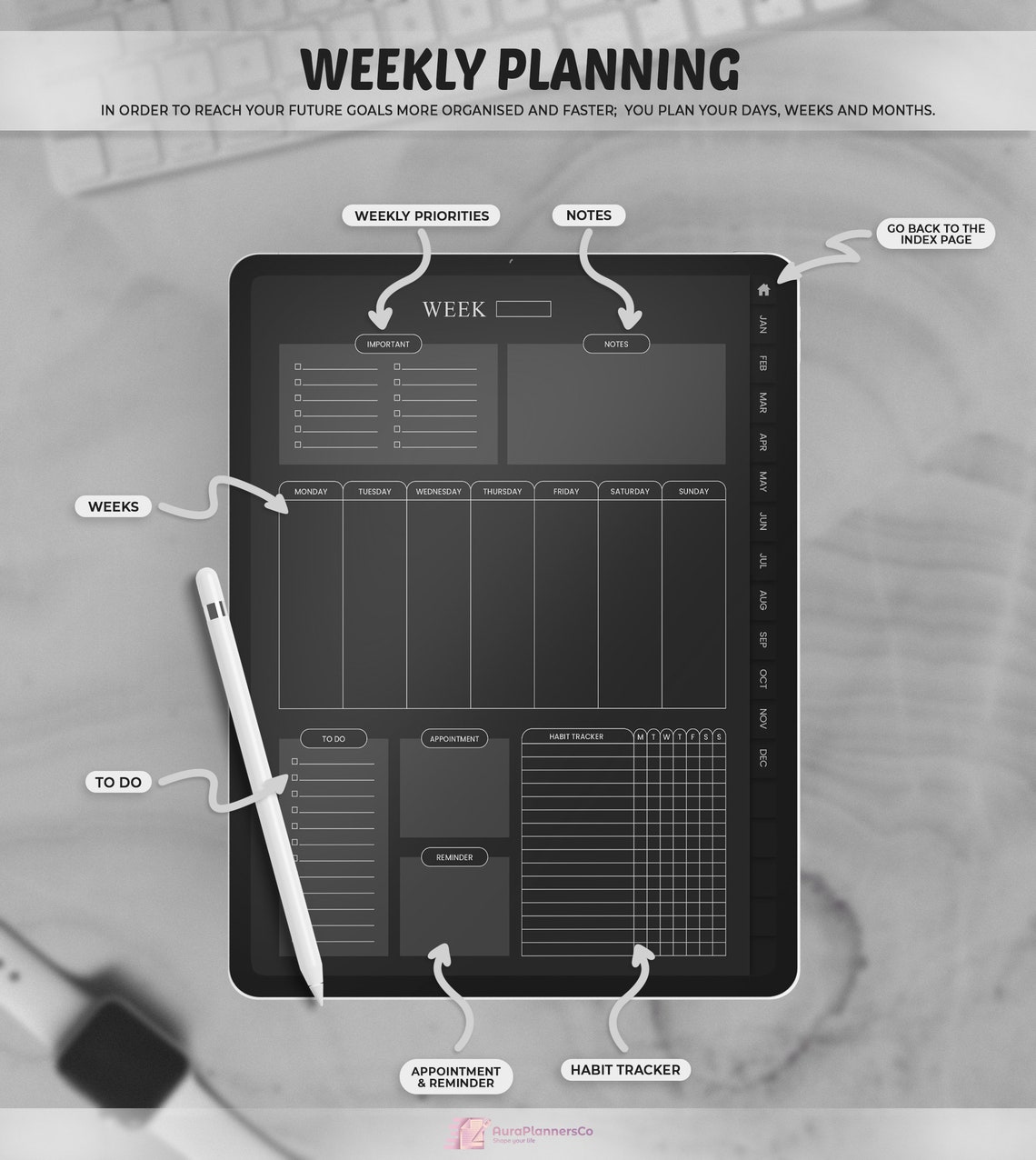 Digital Planner Goodnotes Dark Digital Planner Undated Etsy