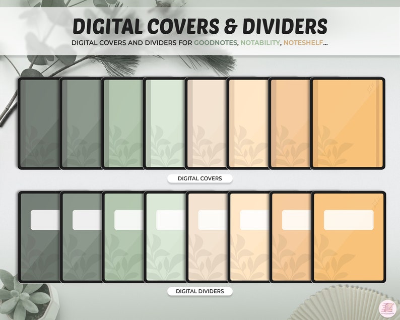 May include: Digital covers and dividers for digital notebooks. The image displays a collection of digital covers and dividers in various shades of green, beige, and orange. Each cover features a minimalist leaf design. The text reads "DIGITAL COVERS & DIVIDERS".