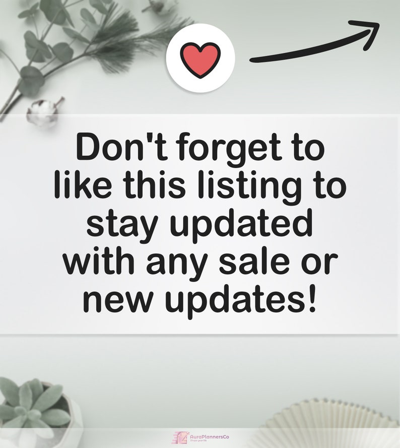 May include: White background with text: "Don't forget to like this listing to stay updated with any sale or new updates!" A red heart icon is in a white circle, with a black arrow pointing right.