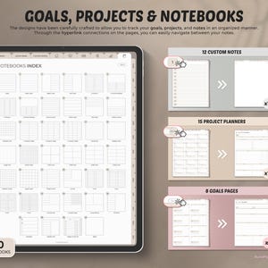 May include: A digital planner on a tablet, showcasing notebook templates and sections for custom notes, project planning, and goal setting. The text "GOALS, PROJECTS & NOTEBOOKS" is at the top of the image.