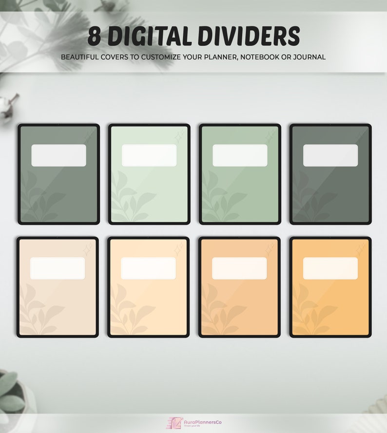 May include: Eight digital dividers in various shades of green and orange, each with a white rectangular label and a subtle leaf design. The text at the top reads "8 DIGITAL DIVIDERS" and "BEAUTIFUL COVERS TO CUSTOMIZE YOUR PLANNER, NOTEBOOK OR JOURNAL."