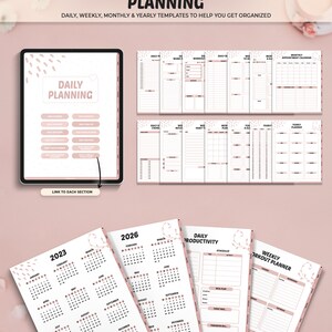 May include: Digital planning templates in pink and white. The image displays a tablet with a daily planning layout, printed calendars for 2023 and 2026, and other planning pages. Text includes "PLANNING" and "DAILY PLANNING".