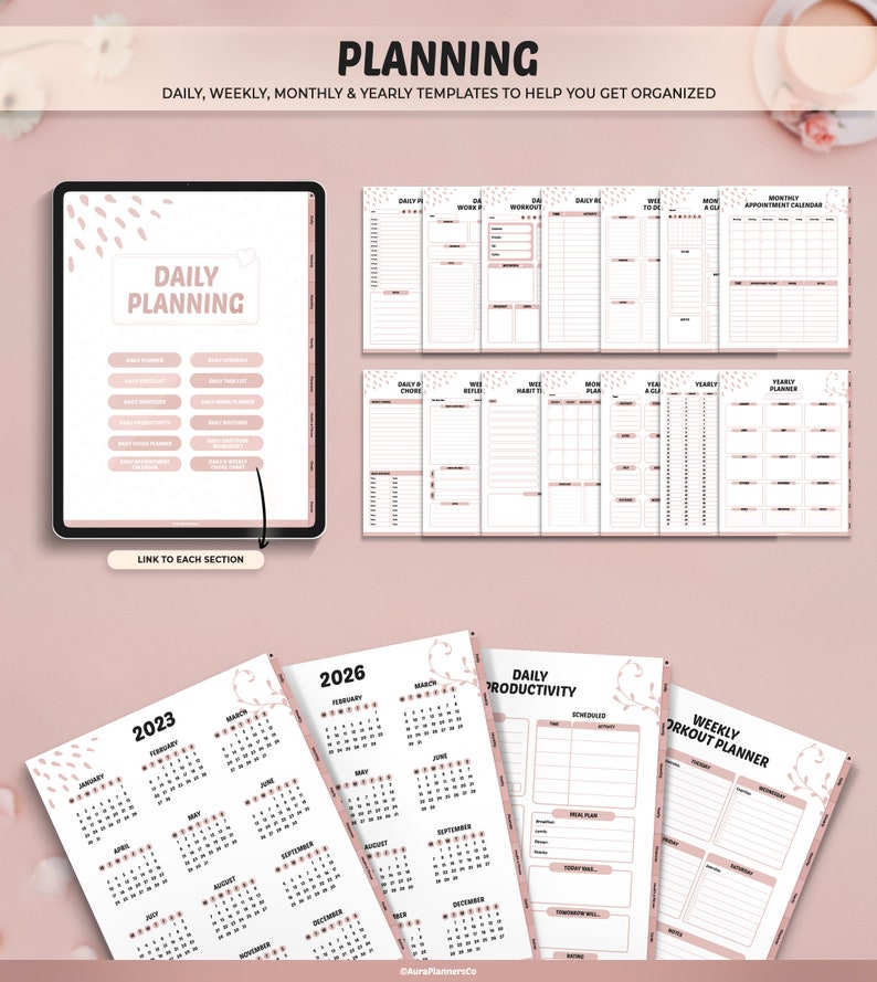 May include: Digital planning templates in pink and white. The image displays a tablet with a daily planning layout, printed calendars for 2023 and 2026, and other planning pages. Text includes "PLANNING" and "DAILY PLANNING".
