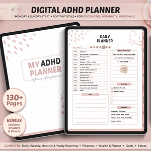 May include: Digital ADHD planner displayed on a tablet. The planner features a daily layout with sections for scheduling, to-do lists, and notes. The cover reads "MY ADHD PLANNER" with the text "Planning is the key to success." Includes 130+ pages, stickers, dividers, and covers.