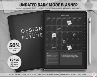 Digital Planner Goodnotes, Dark Digital Planner, Undated Digital Planner, Digital iPad Planner, Notability Planner, Goodnotes Dark Stickers