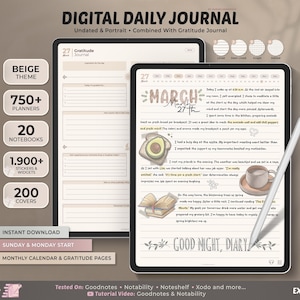 May include: Beige digital daily journal with a March 27th entry. The journal includes a gratitude journal, a daily planner, and a monthly calendar. The journal is compatible with Goodnotes, Notability, Noteshelf, Xodo, and more.