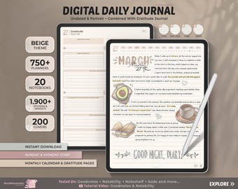 May include: Beige digital daily journal with a March 27th entry. The journal includes a gratitude journal, a daily planner, and a monthly calendar. The journal is compatible with Goodnotes, Notability, Noteshelf, Xodo, and more.