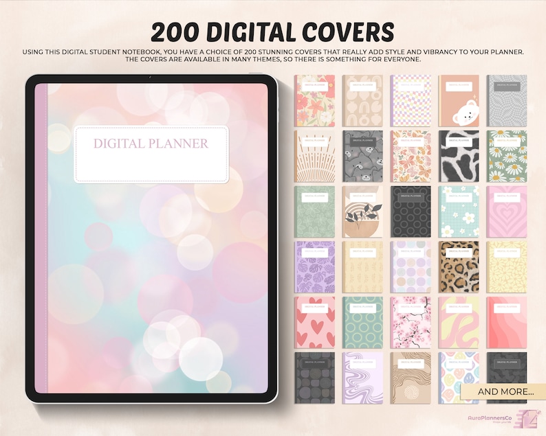 May include: A digital planner with 200 different cover designs. The covers feature a variety of patterns and colors, including floral, geometric, and abstract designs. The text "DIGITAL PLANNER" is displayed on the cover of the planner.