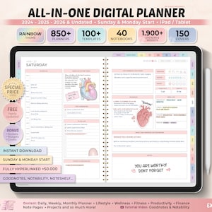 All-in-One Digital Planner 2025, 2026, Undated Digital Planner, Digital Journal, Digital Goodnotes Template, Notability, Daily Planner