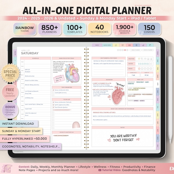 All-in-One Digital Planner 2026, Undated Digital Planner, Digital Journal, Digital Goodnotes Template, Notability, Daily Planner