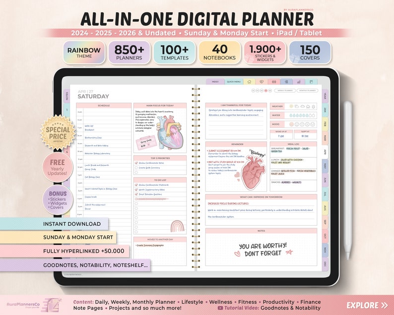 May include: A digital planner app on a tablet screen with a rainbow theme. The app features a calendar, notes, and other organizational tools. The text on the screen reads "All-in-One Digital Planner" and "2024-2025-2026 & Undated".