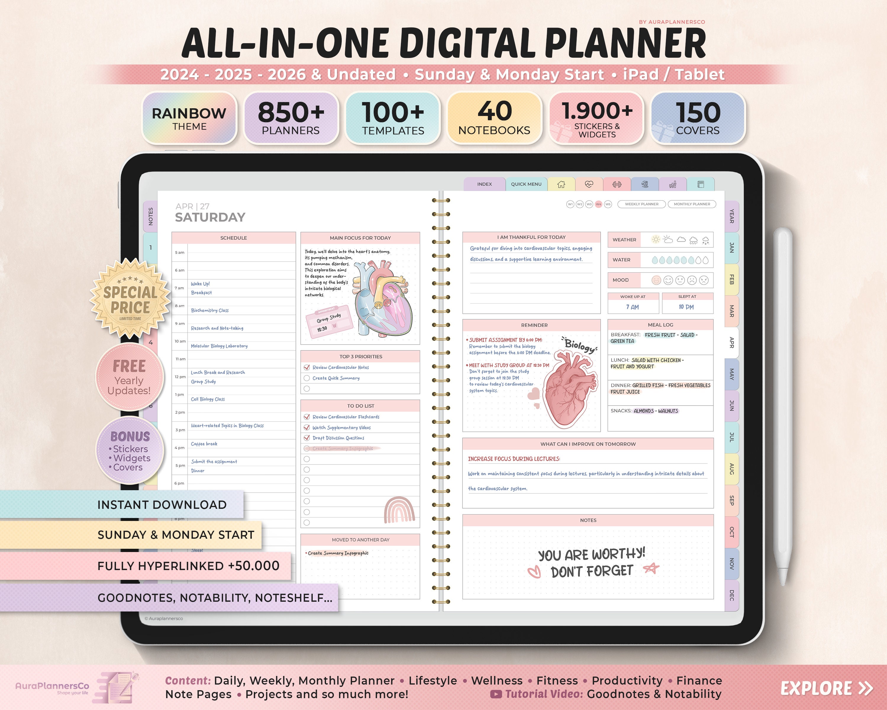 All-in-One Digital Planner 2025, 2026, Undated Digital Planner, Digital Journal, Digital Goodnotes Template, Notability, Daily Planner