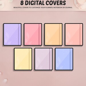 Puede incluir: Ocho cubiertas digitales para planificadores con un esquema de color pastel y un dise&ntilde;o de hoja simple. Las cubiertas son en tonos de morado, rosa, amarillo y azul.