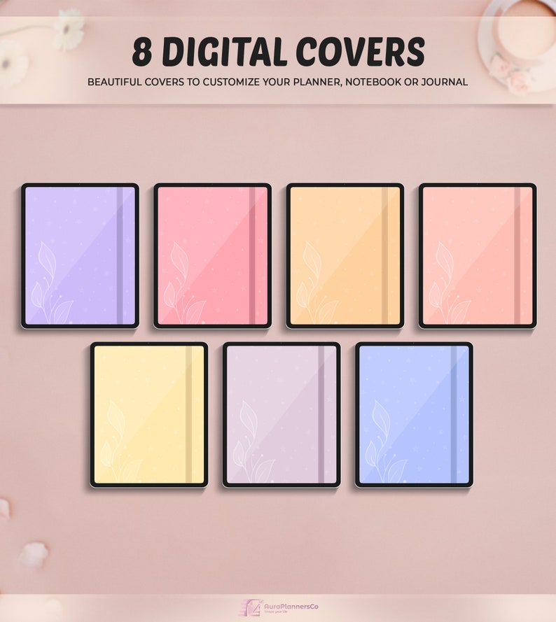 Puede incluir: Ocho cubiertas digitales para planificadores con un esquema de color pastel y un dise&ntilde;o de hoja simple. Las cubiertas son en tonos de morado, rosa, amarillo y azul.