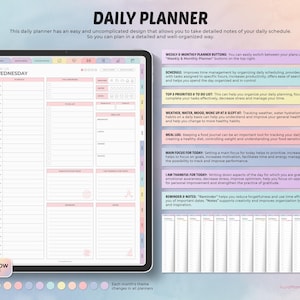 May include: Digital daily planner with a rainbow theme, displayed on a tablet. The planner includes sections for scheduling, to-do lists, and notes. Text on the image reads "Daily Planner" and details on how to use the planner.