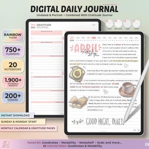 May include: A digital daily journal with a rainbow theme. The journal features a daily planner, a gratitude journal, and a monthly calendar. The journal is compatible with Goodnotes, Notability, Noteshelf, Xodo, and more. The journal is available for instant download.
