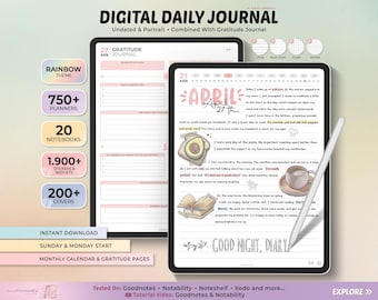 May include: A digital daily journal with a rainbow theme. The journal features a daily planner, a gratitude journal, and a monthly calendar. The journal is compatible with Goodnotes, Notability, Noteshelf, Xodo, and more. The journal is available for instant download.