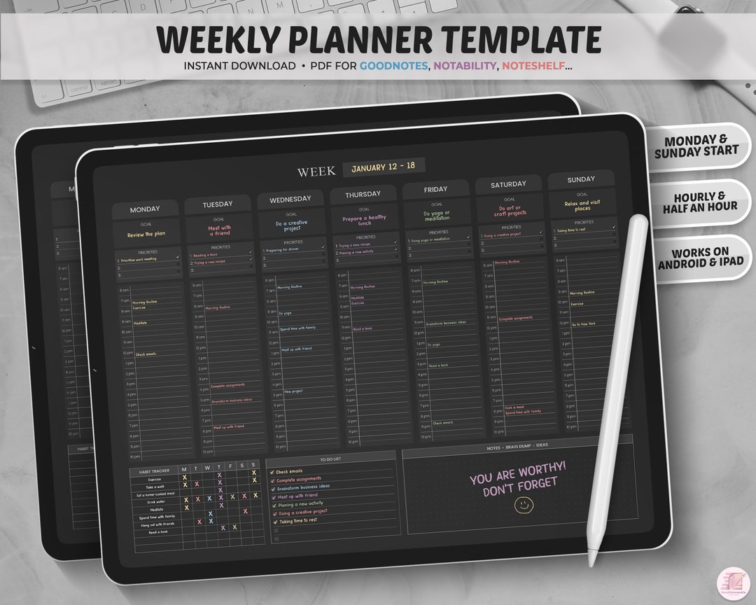 Weekly Planner Goodnotes Template, Hourly Planner, Dark Mode Weekly ...
