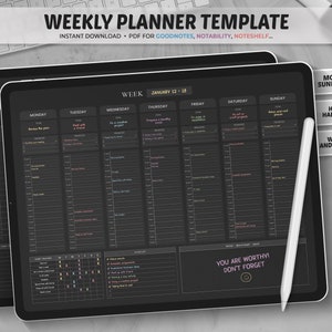 Weekly Planner Goodnotes Template, Hourly Planner, Dark Mode Weekly Planner Page Digital Planner pdf, Goodnotes Planner, Daily iPad Planner