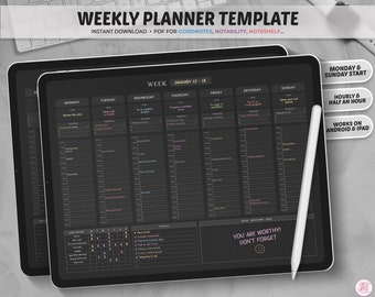 Wochenplaner Goodnotes Vorlage, Stundenplaner, Dark Mode Weekly Planner Seite Digital Planner pdf, Goodnotes Planner, iPad Tagesplaner