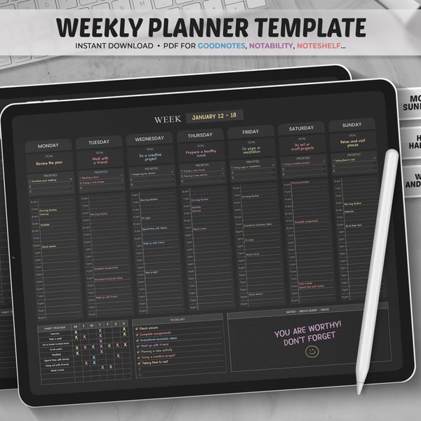 Planner settimanale Modello Goodnotes, Planner orario, Dark Mode Weekly Planner Page Digital Planner pdf, Goodnotes Planner, Daily iPad Planner