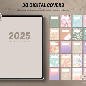May include: A digital planner with 30 different cover designs. The covers feature a variety of patterns and colors, including floral, geometric, and abstract designs. The planner is titled "All-in-One 2025 Digital Planner".