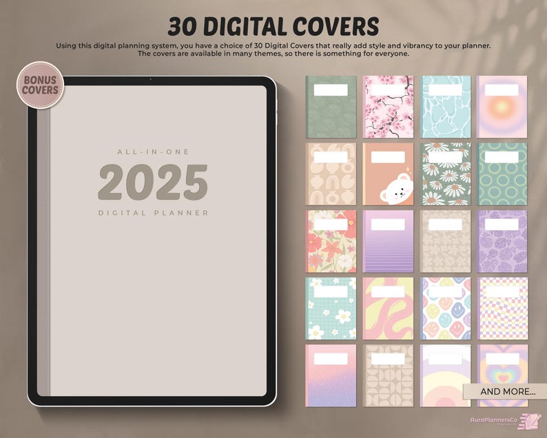 May include: A digital planner with 30 different cover designs. The covers feature a variety of patterns and colors, including floral, geometric, and abstract designs. The planner is titled "All-in-One 2025 Digital Planner".