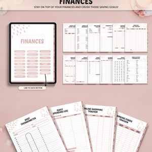 May include: A digital finance planner with various tracking pages, including debt, spending, and savings logs. The planner is displayed on a tablet and individual pages. The text "FINANCES" and "STAY ON TOP OF YOUR FINANCES AND CRUSH THOSE SAVING GOALS!" are visible.