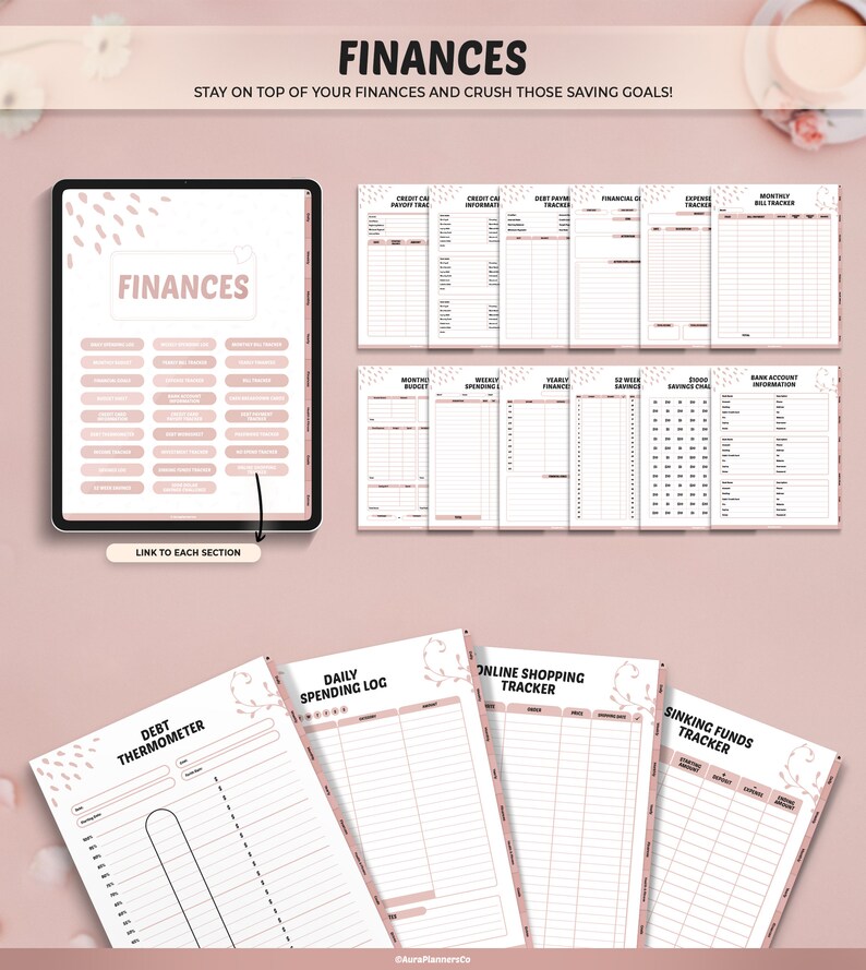 May include: A digital finance planner with various tracking pages, including debt, spending, and savings logs. The planner is displayed on a tablet and individual pages. The text "FINANCES" and "STAY ON TOP OF YOUR FINANCES AND CRUSH THOSE SAVING GOALS!" are visible.